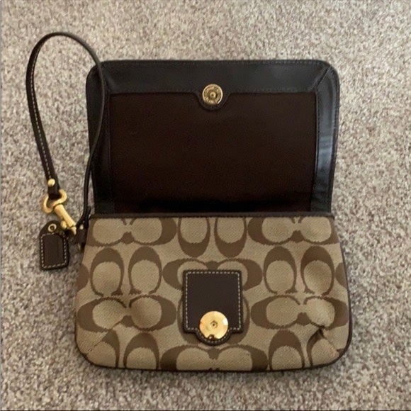 Coach - Brown Monogram Wristlet Wallet w/ Leather Trim - Picture 2 of 11